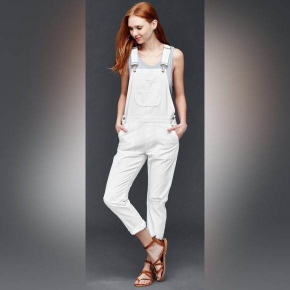 GAP Denim - GAP cropped slouch distressed white denim overalls